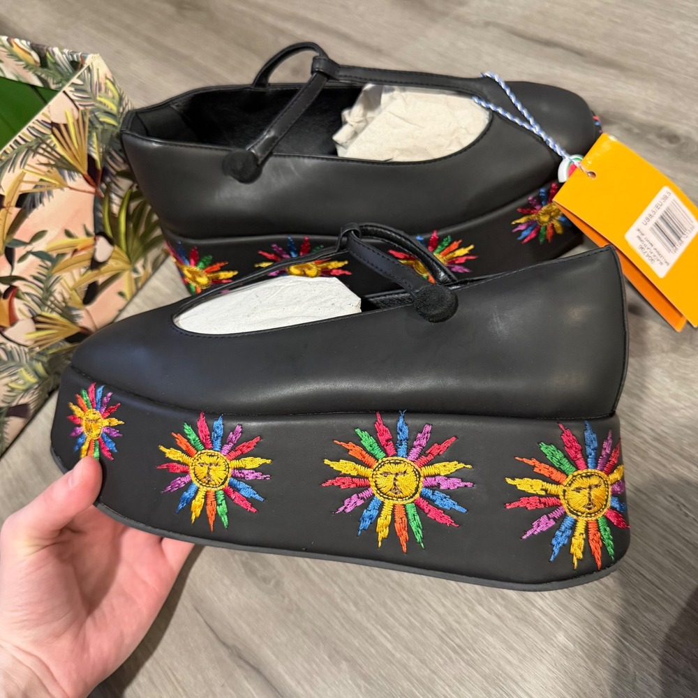 Farm Rio Black Platform Ballerina Mary Jane Sun Embroidered Vegan Shoes 39.5 8.5